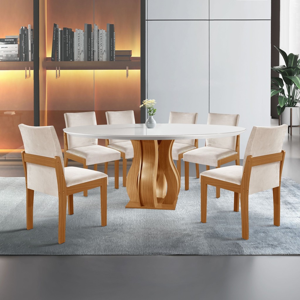 Conjunto Sala de Jantar Mesa Nuance 135cm Redonda Tampo Vidro/MDP com 6 Cadeiras Mônaco Yescasa Cinamomo/Creme/Off - Home & Living
