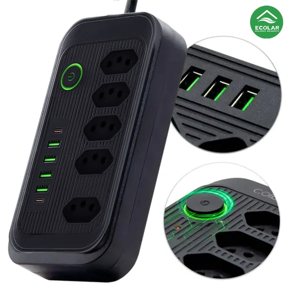 Regua de Tomadas 5+ Bivolt USB - Coibeu Extensão Filtro Segurança com 4 Portas USB Tipo C, Cabo para Casa