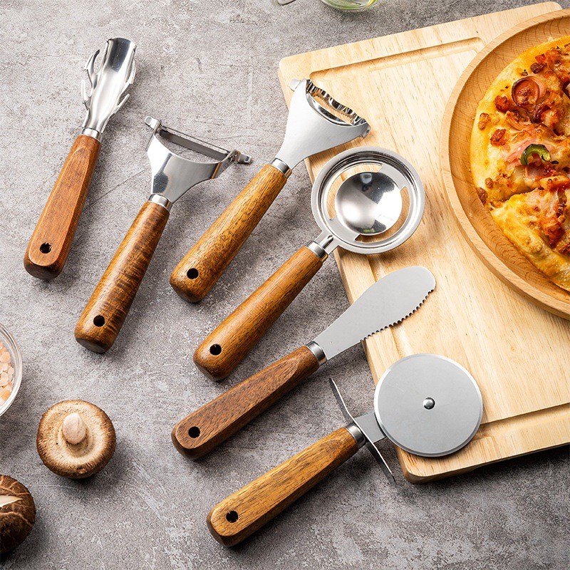 Conjunto de utensílios de cozinha em aço inoxidável, cabo de madeira, faca, plaina de queijo, ferramenta de cozimento