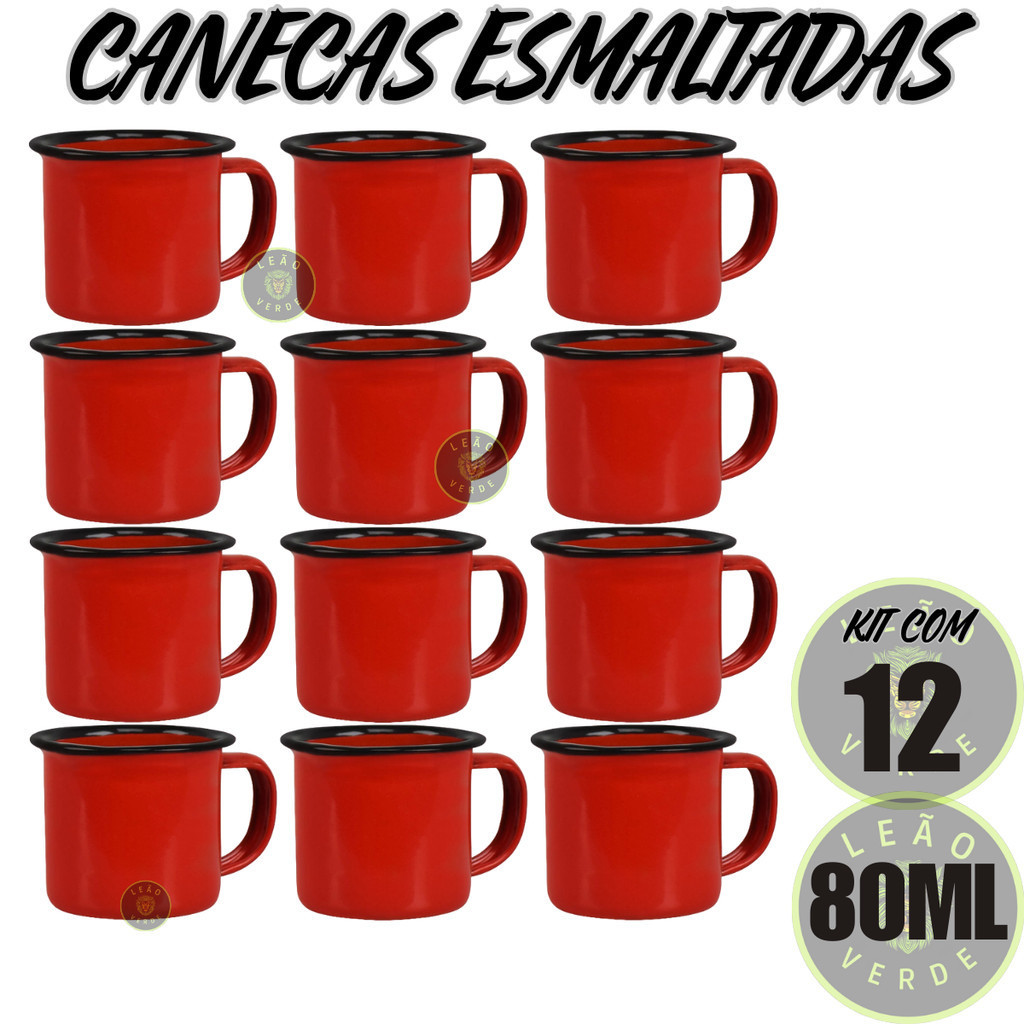 Caneca Esmaltada Retro Antiga VERMELHA 80ml 12 Unidades Agata Retro Copo café bar Restaurante copo café personalizado