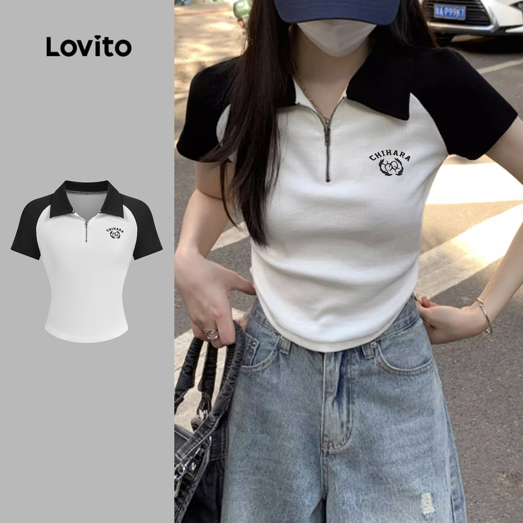 Lovito Camiseta Casual Cores Contrastantes Com Zíper Primavera/Verão Camiseta Preta E Branca Para Mulheres L134ED828 em Oferta na Shopee