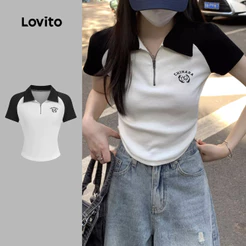 Lovito Casual Camiseta Cores Contrastantes Com Zíper Primavera/Verão Camiseta Preta E Branca Para Mulheres L134ED828