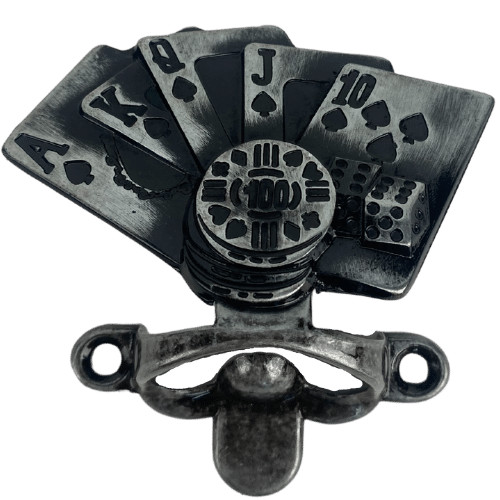 Abridor de Garrafas Baralho Poker em Metal Prata Velho Escovado 8x7,7cm Acessório Decoração Artesanato Ferragem