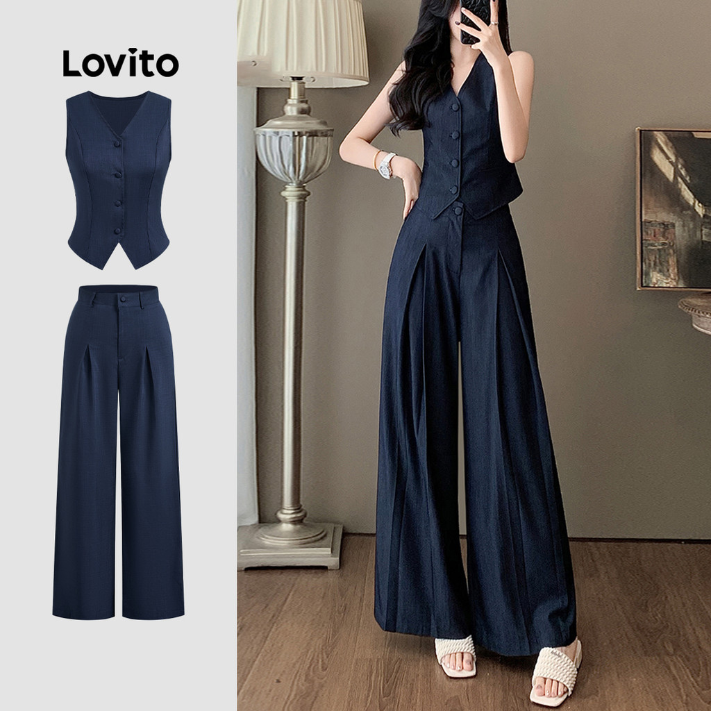 (New) Lovito Blusas ou Calças Casuais Pregueadas Primavera/verão Calças Azul Escuro para Mulheres L143ED230 em Oferta na Shopee