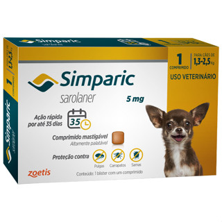 SIMPARIC 5 MG CAES DE 1,3 A 2,5 KG ANTIPULGAS 1 COMPRIMIDO em Oferta na Shopee