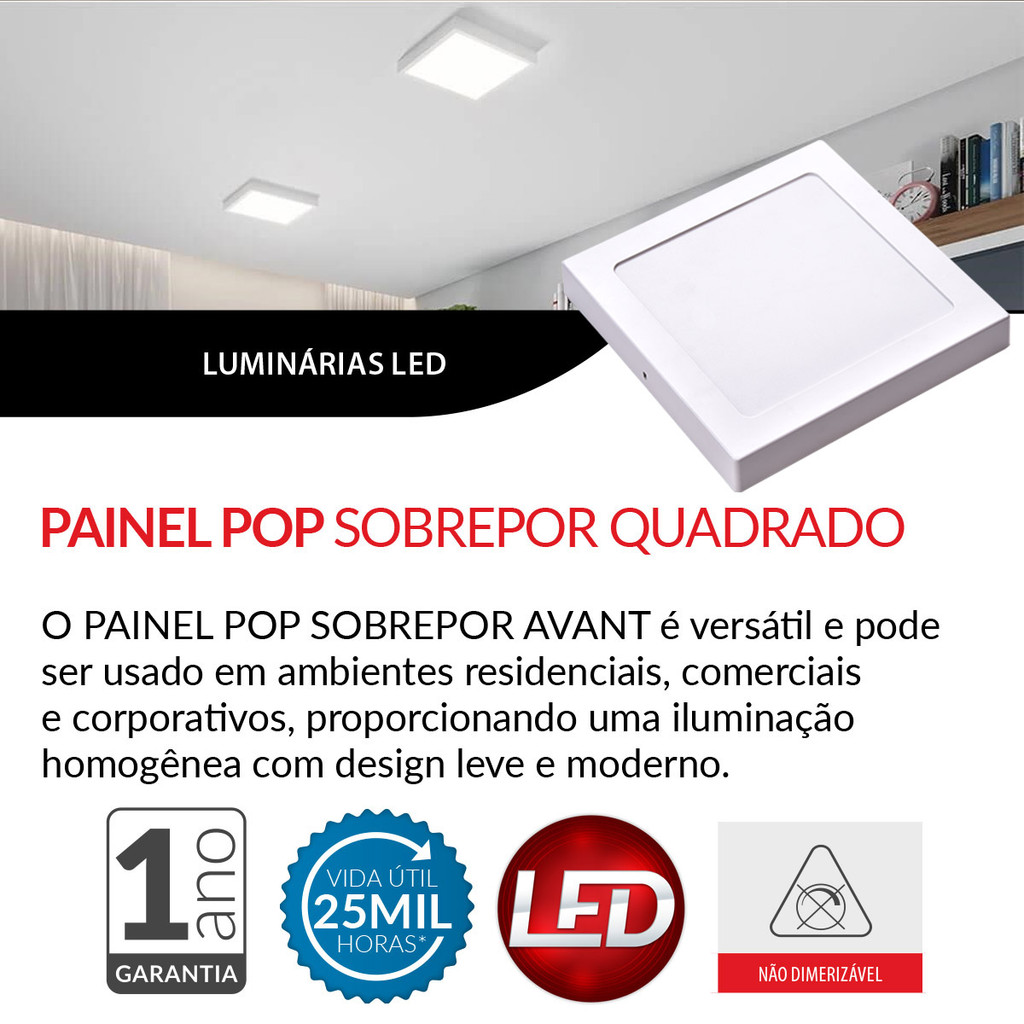 Kit 3 Luminária de Teto Painel Plafon 18W Sobrepor Branco Quente 3000K Avant