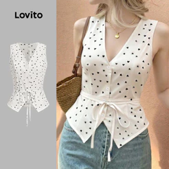 (Casual) Lovito Blusa de Primavera/verão com Gola de Laço Na Frente para mulheres L143EDD423