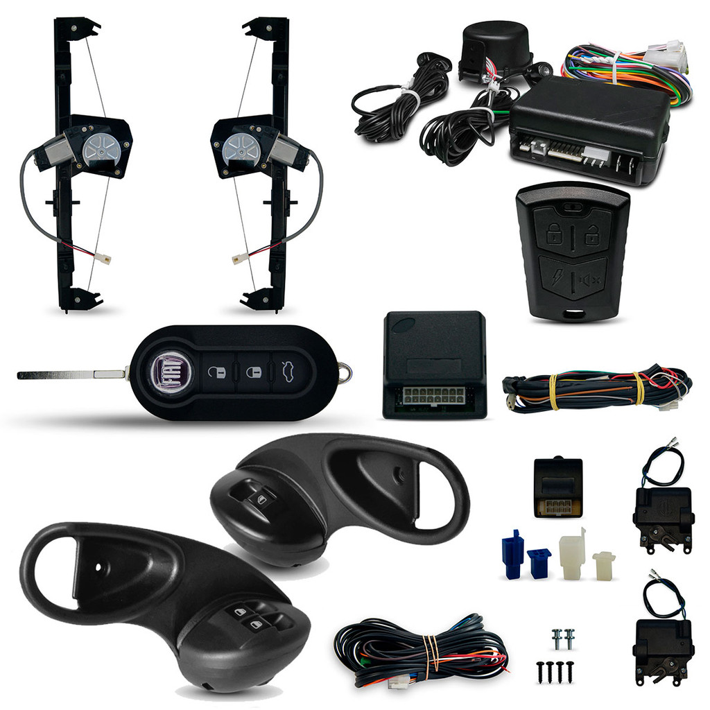 Kit Vidro Eletrico + Trava + Alarme c/Canivete especifico Palio 2 Portas Strada (1996/2000) Led verde
