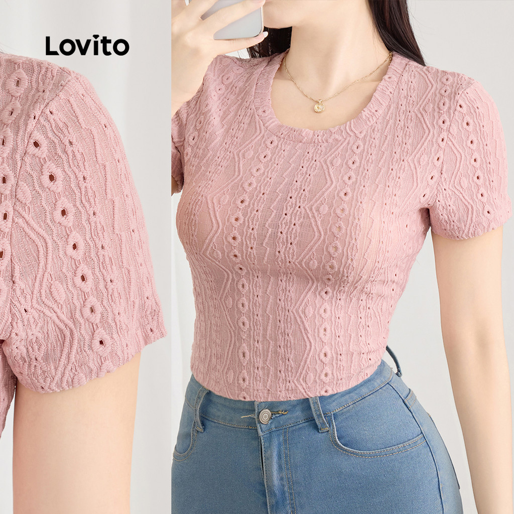 (New) Lovito Camisa Casual de Malha Jacquard Simples Primavera/verão Rosa para Mulheres L143ED049 em Oferta na Shopee