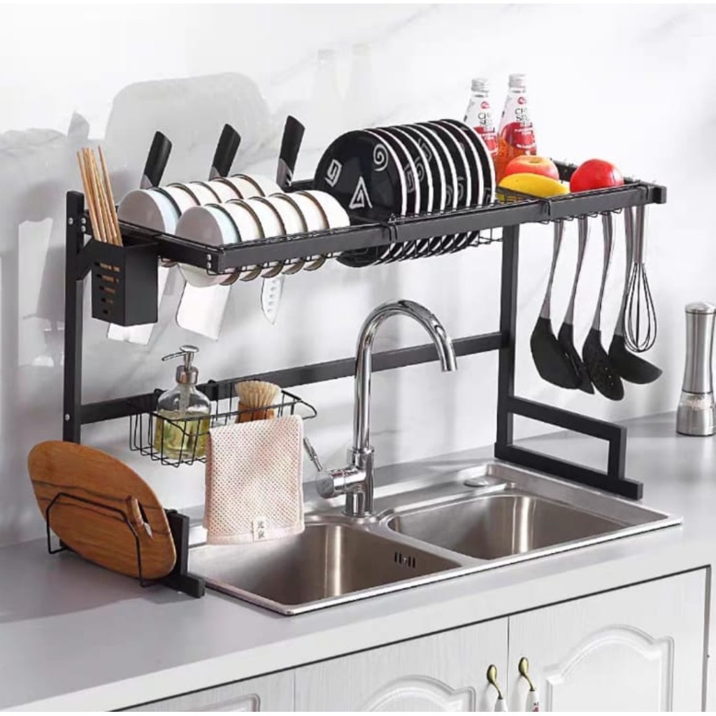 Escorredor De Louça 85cm Suspenso Preto Aço Inox Organizador Para Cozinha Pratos Talheres Escorredor Premium