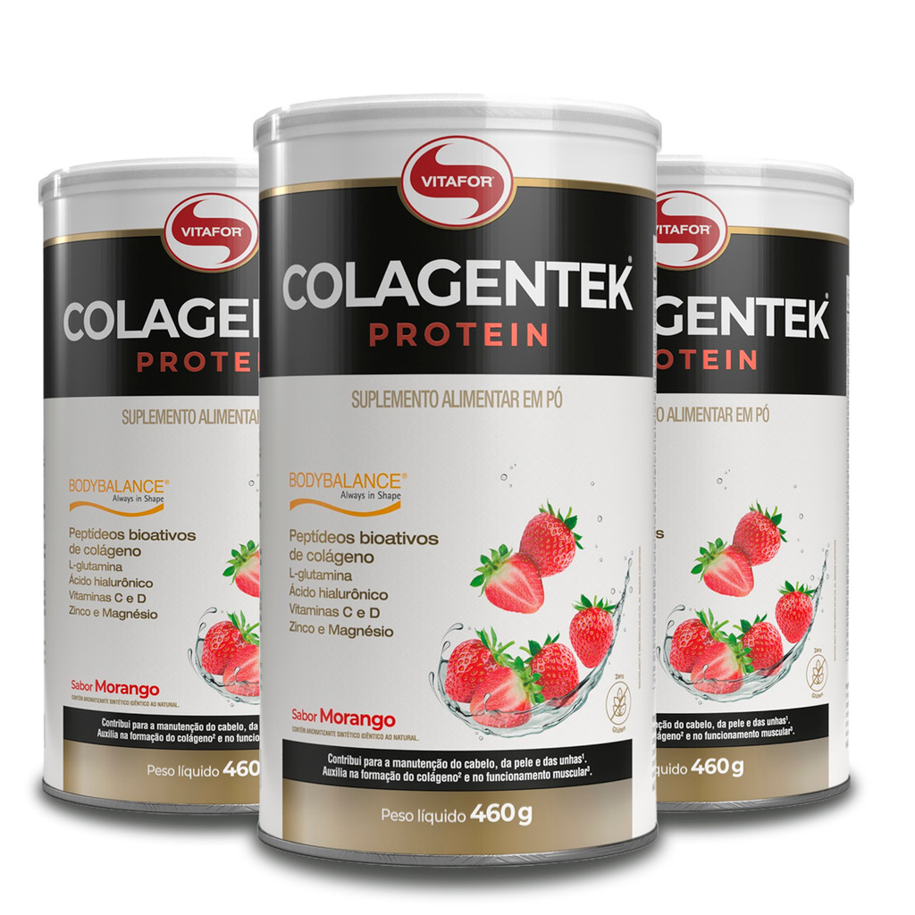 Kit 3 Colagentek Protein Vitafor Morango 460g