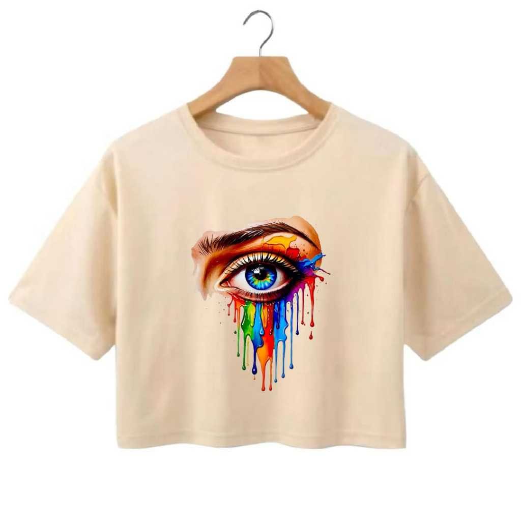 Cropped Oversized Estampa OLHO Colorido | Camisa 100% Algodão Confortável