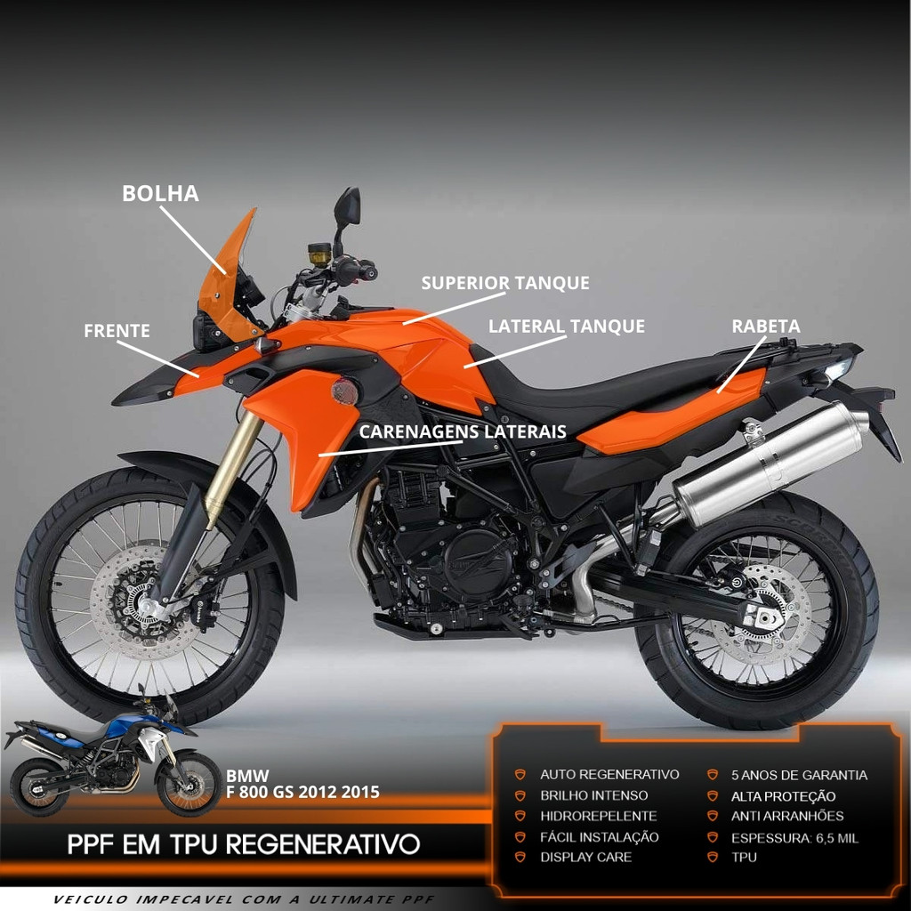 Película PPF Proteção Kit Full BMW F 800 GS Moto 2012 2013 2014 2015 Transparente TPU Anti Risco