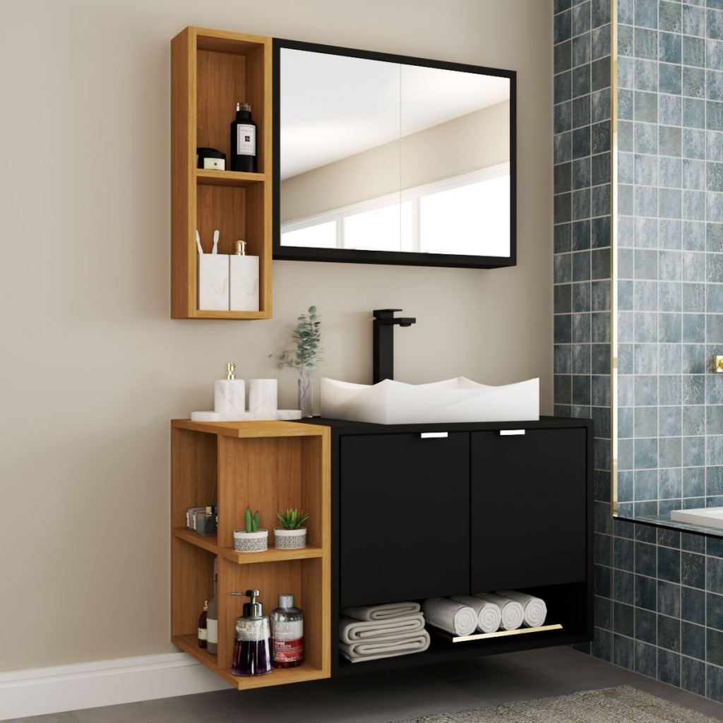 Armário de Banheiro com Cuba Gravatá 4 Portas Preto Fosco/Naturalle - Panorama Móveis em Oferta na Shopee