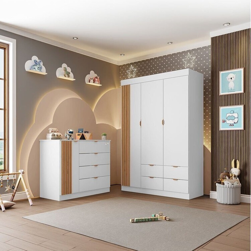 Quarto de Bebê Infantil Completo 01 Guarda-roupa 3 Portas 4 Gavetas com 01 Cômoda 100% MDF Ayla Branco - Mom & Baby