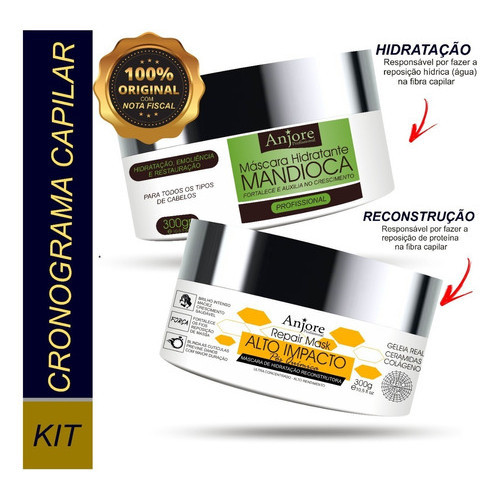 Kit Cronograma Capilar Anjore 300Gr 2 Máscaras Hidratação Mandioca e Reconstrução Efeito Teia