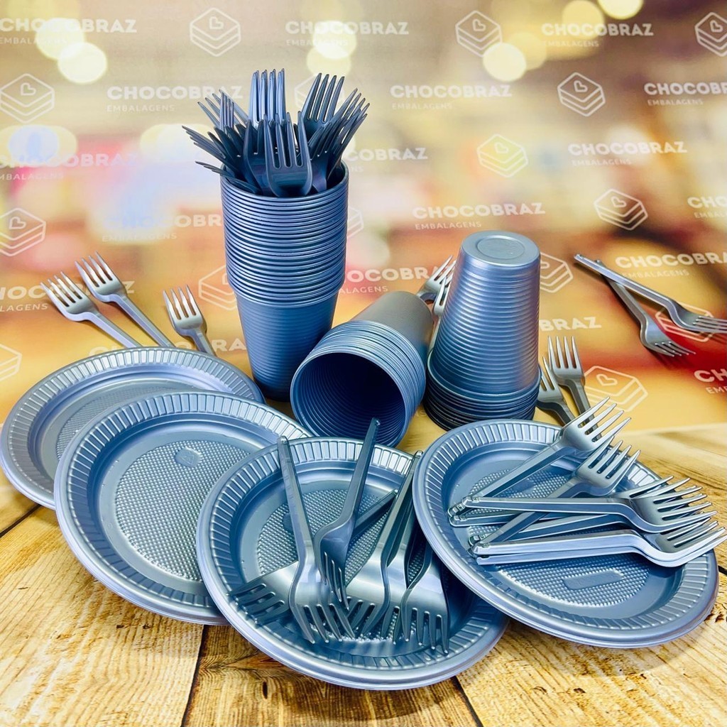 Kit Festa 50 PESSOAS DESCARTAVEIS PRATA PEROLADO GARFO + PRATO + COPO - Home & Living