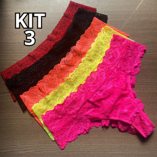 Kit 3 Calcinha Plus Size Lingerie Renda Cintura Alta e Fio Duplo Sexy Plus Size em Oferta na Shopee