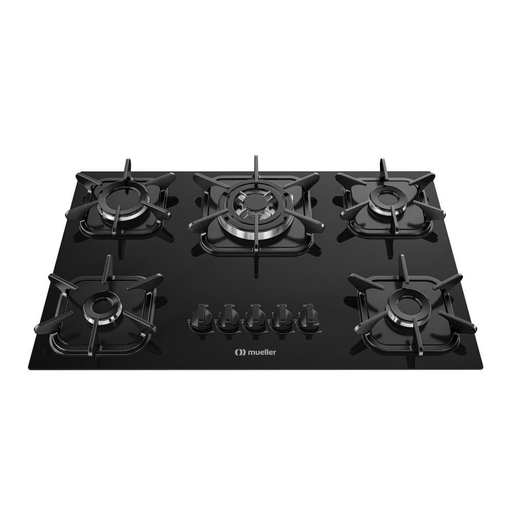 Fogão Cooktop Gás em Vidro Temperado Mueller 5 Bocas Queimador Tripla Chama Bivolt Preto