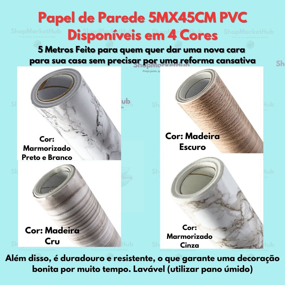 PAPEL DE PAREDE LAVÁVEL 5MX45CM PVC MARMORIZADO OU MADEIRA DECORAÇÃO PARA CASA E ESCRITÓRIOS RENOVE SEU LAR