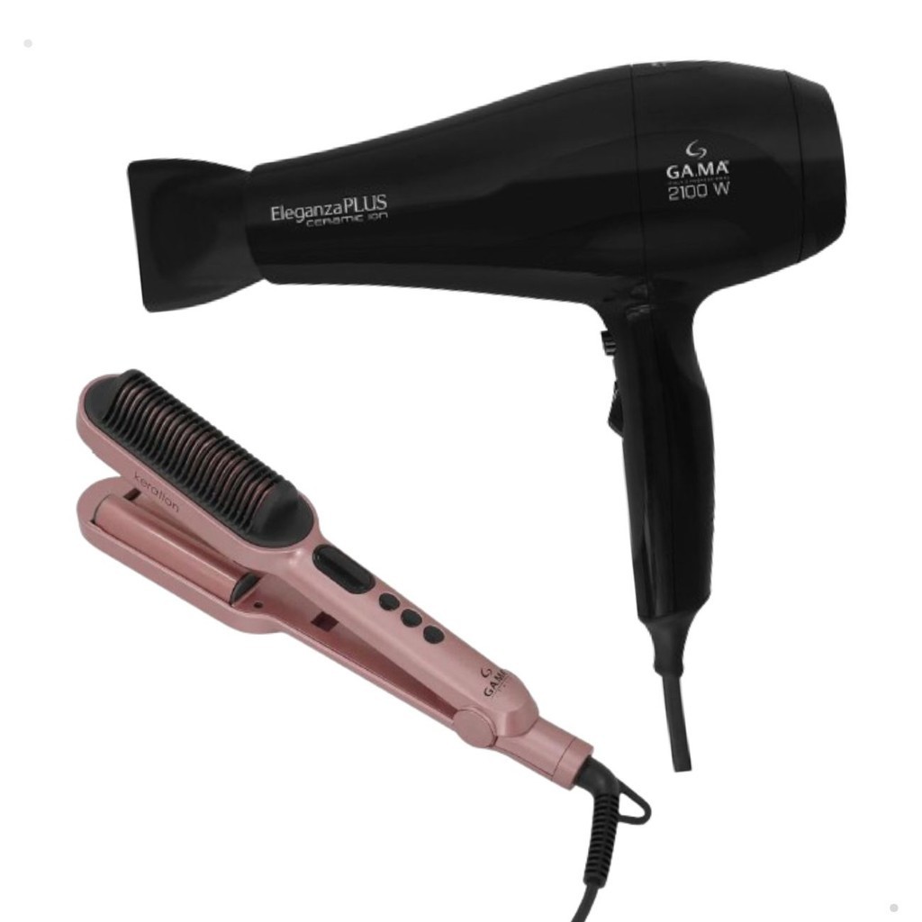 Kit Profissional Secador de Cabelo Eleganza Ceramic Ion Gama Italy + Prancha Chapinha Modeladora Waver Brush Keration