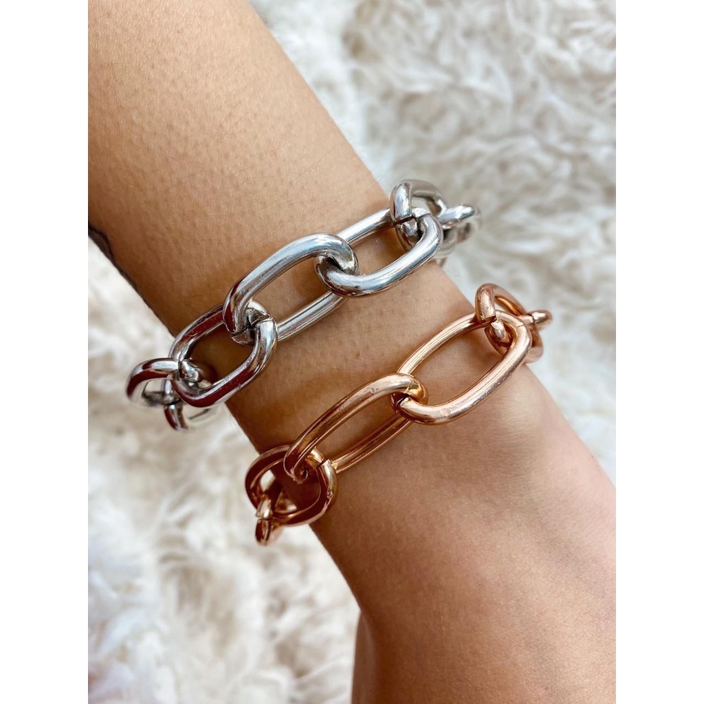 Pulseiras banhadas elos G Prata e Champagne modelo elegante