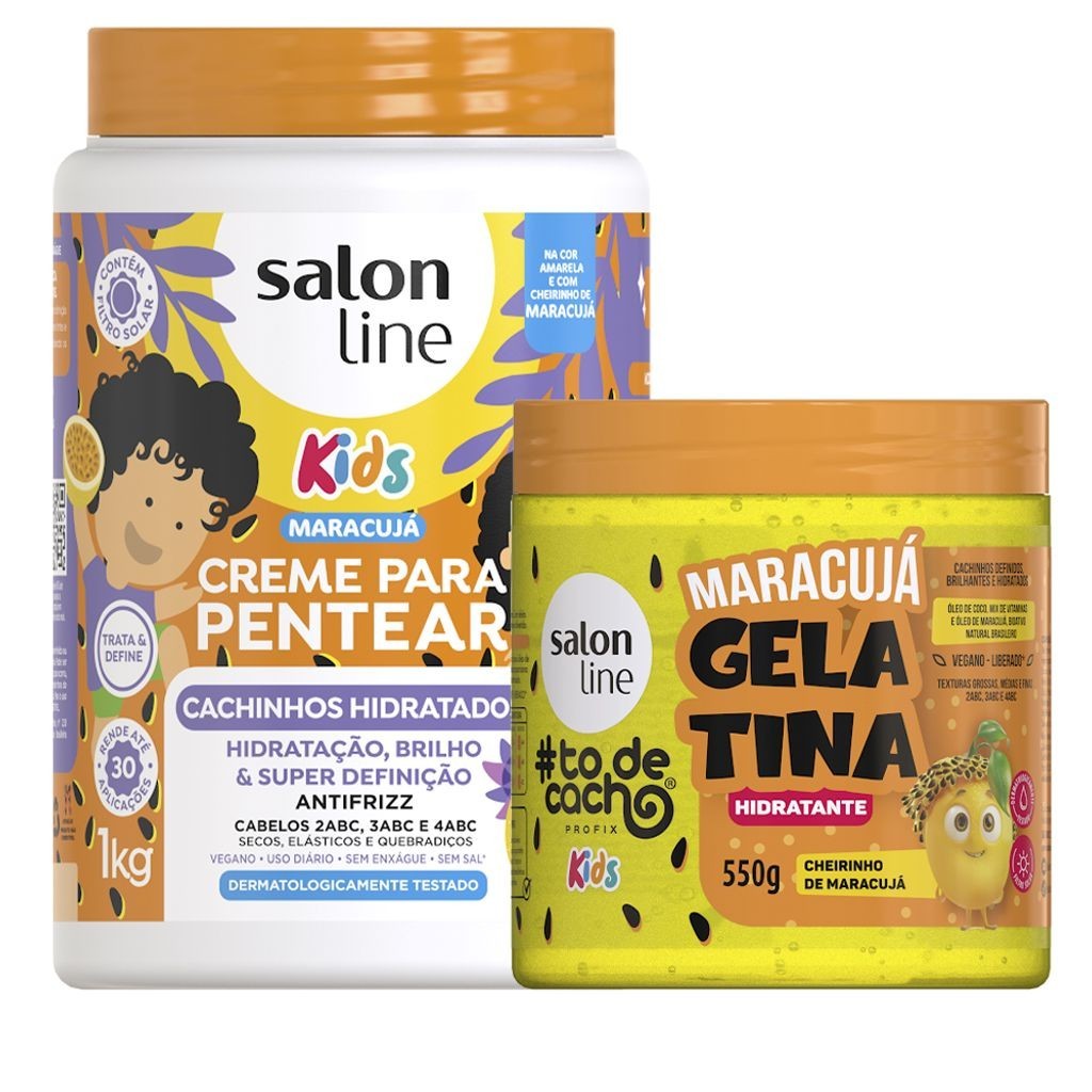 Kit Salon Line Creme De Pentear Kids Cachinhos Hidratados Maracujá 1kg + Gelatina Todecacho Kids Maracujá 550g em Oferta na Shopee