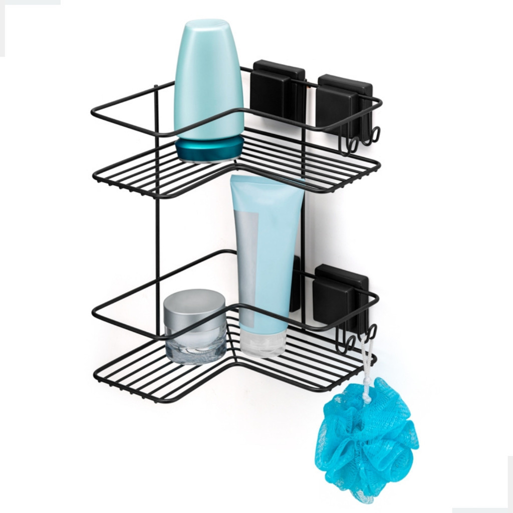 Suporte Duplo Box Banheiro Cantoneira Porta Shampoo Sabonete Parede Sem Furo Ventosa Preto Arthi - Home & Living