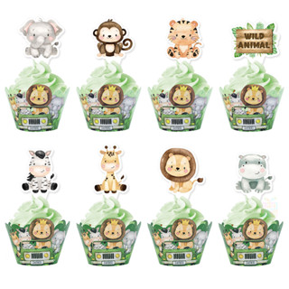 16pcs Jungle Safari Tema Cupcake Topper Wrapper Cute Lion Monkey Cake Decoração Para Decorações De Festa De Aniversário em Oferta na Shopee