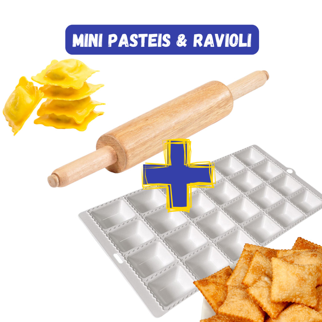 Forma para Fazer Salgadinhos com 48 ou 24  Cavidades de Plastico para Modelar Mini Pastel e Ravioli e Rolo de Madeira Cabo Giratorio para Abrir Massas Lasanha Pao Pizzas Pastelzinhos Forminhas de Festa Mine Pastéis e Docinhos Confeitaria