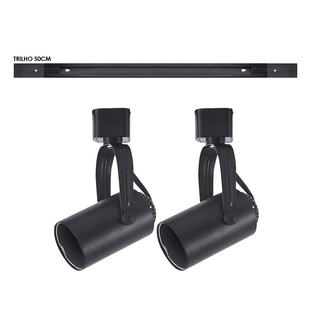 Kit trilho 50cm + 2 spots GU10/MR16 Preto Residencial, Comercial, Área de lazer (Troca lâmpada)