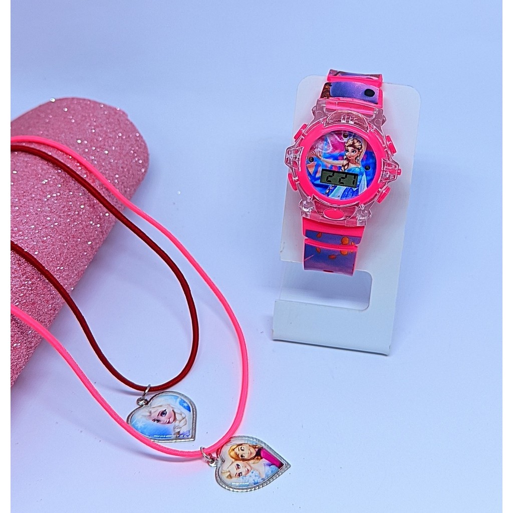 Kit Relógio Infantil Digital Pisca Luz Led Princesas Frozen + Colar Duplo Amizade Best Friends para Crianças Presente