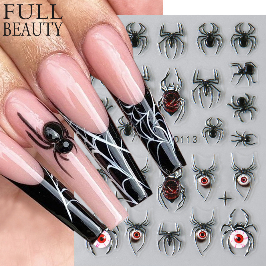 Decalques de Manicure Decalques de Manicure Embossed 5D Halloween Dark Eyes Spider Fantasma Aranha Teia de Aranha Autocolantes de Unhas