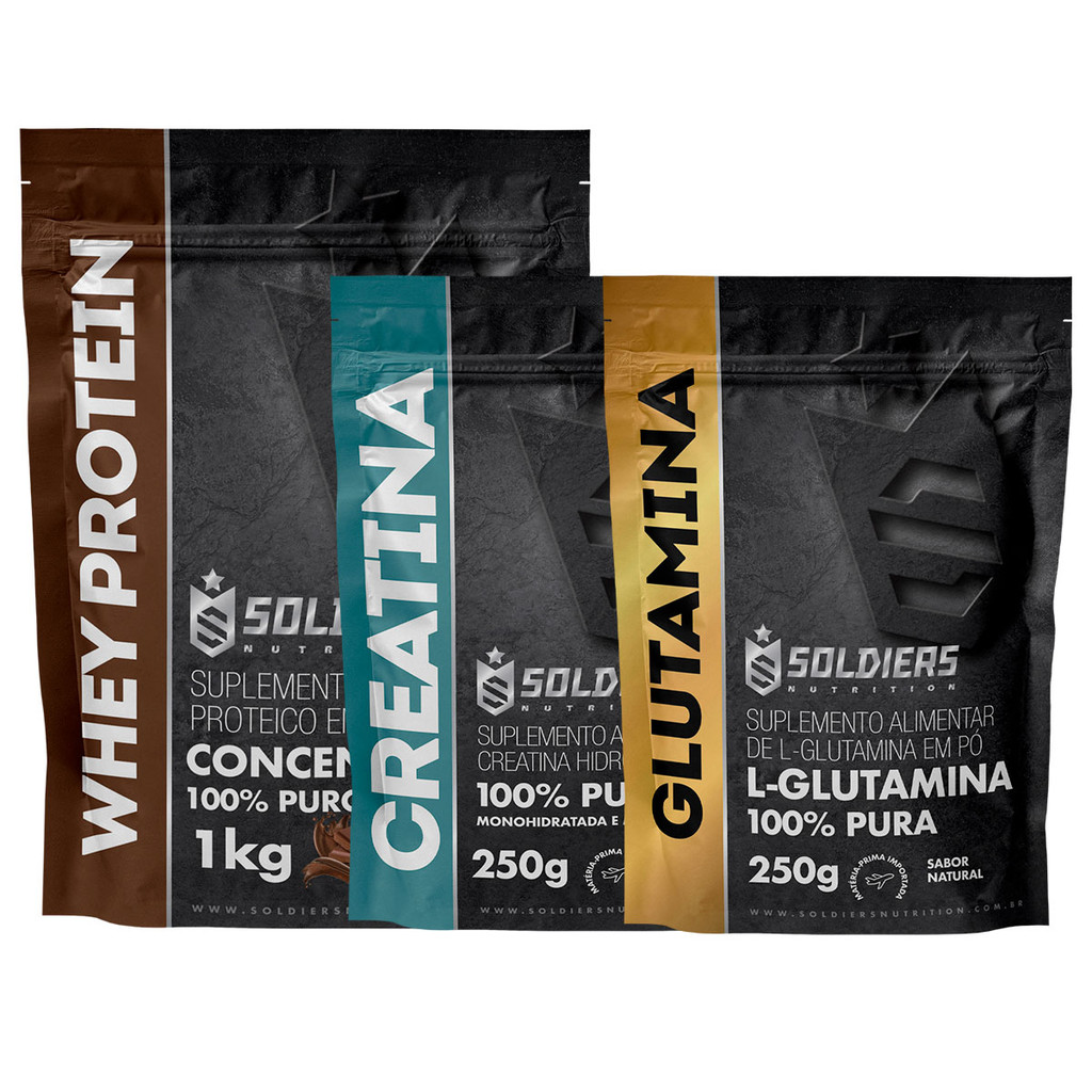 Kit: Whey Protein Concentrado 1kg + Creatina 250g + Glutamina 250g Soldiers Nutrition Força Performance em Oferta na Shopee