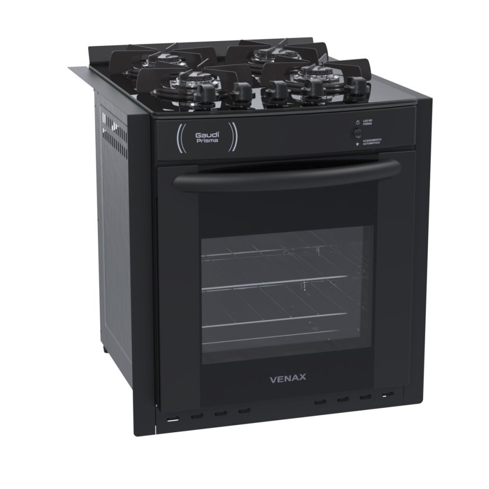 Fogão 4 Bocas de Embutir Venax Gaudi Prisma Vitreo Bl Gas Glp Preto