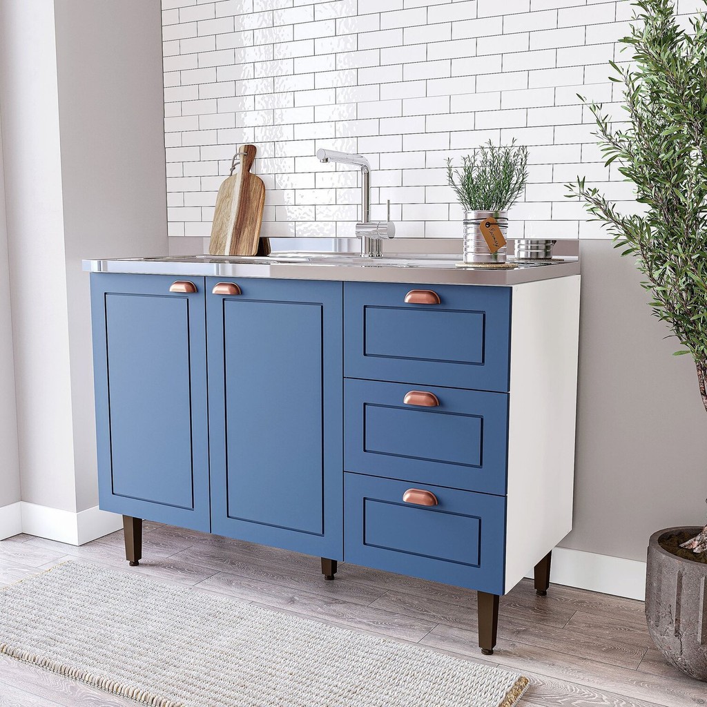 Balcão 2 Portas 3 Gavetas 120 Cm Pérola Yescasa Branco/Azul em Oferta na Shopee