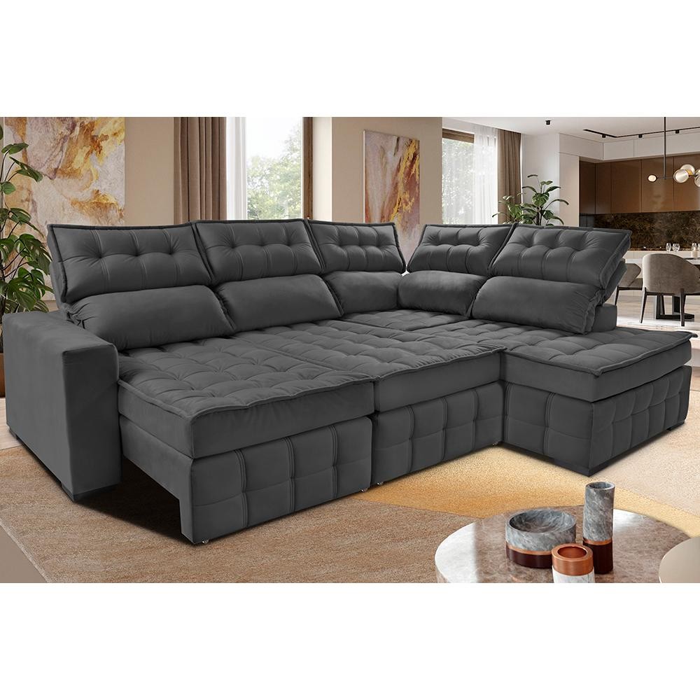 Sofá de Canto Direito 2,65x2,30m Retrátil e Reclinável com Molas Ensacadas Cama inBox Nobre Cinza em Oferta na Shopee