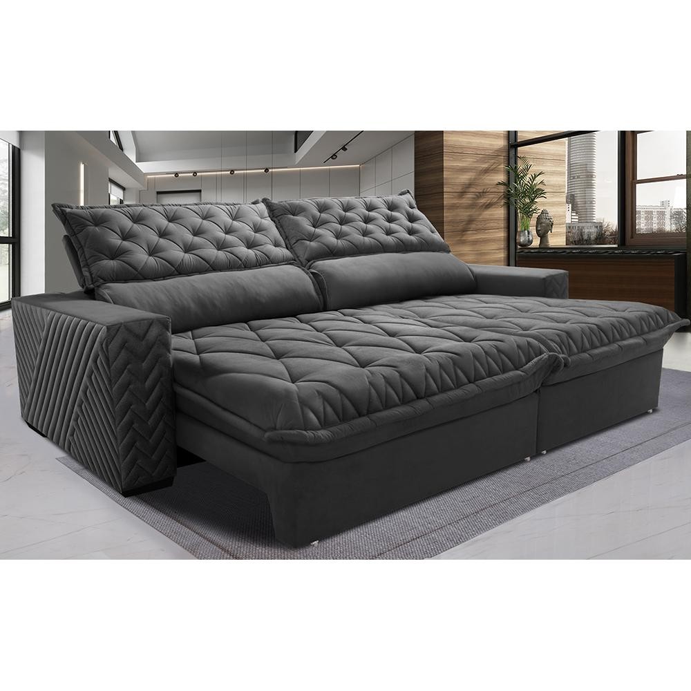 Sofá Retrátil e Reclinável 3,15m Molas Ensacadas Cama inBox Spazus com Bordado 3D Velusoft Cinza - Home & Living