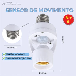 Kit 6 Sensor de Movimento para lâmpada Soquete E27 c/ sensor de presença Bivolt 110V~220V Max 60W