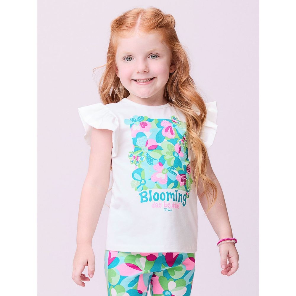 Conjunto Infantil Menina  Momi Blusa em Algodão e Ciclista em Cotton - Branco/Florido