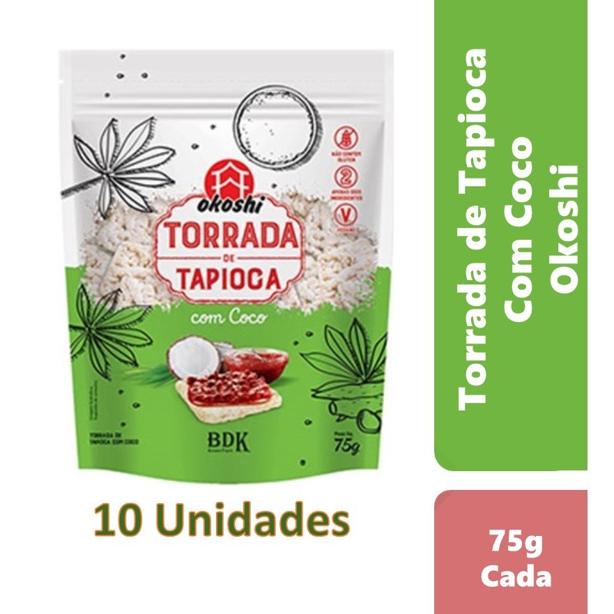 10 Uni Torradas De Tapioca 75g Okoshi C/ Coco S/ Glúten Vegan