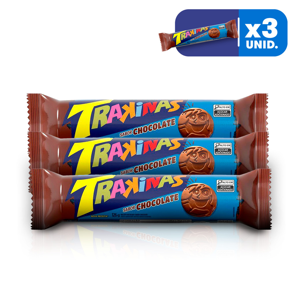 Kit Com 3 Biscoito Recheado Trakinas Carinhas Chocolate 126g - Food & Beverages
