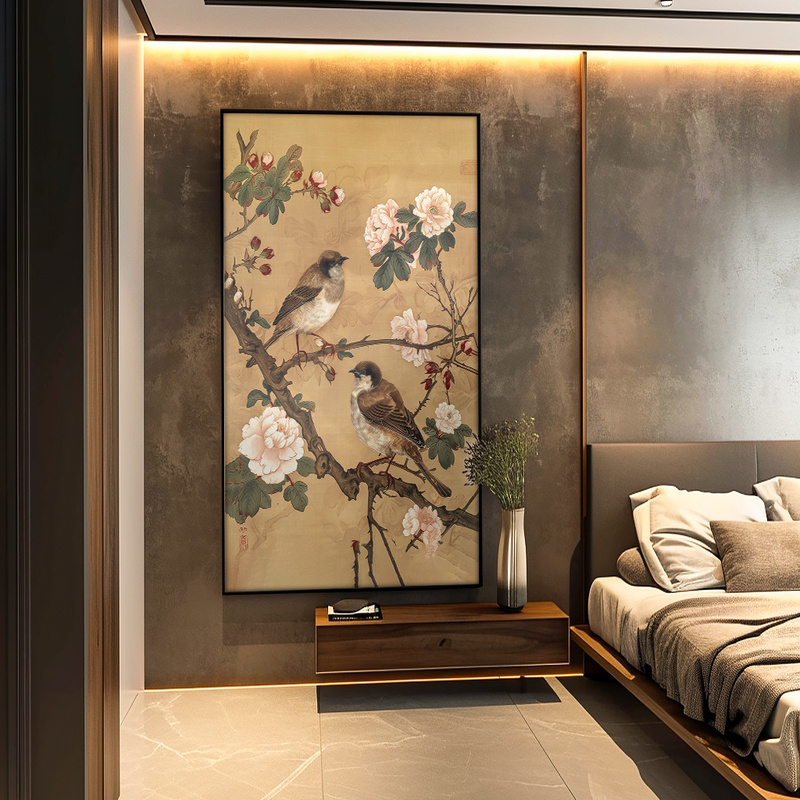 Quadro Decorativo 110x72cm Passarinhos nos Galhos Hall da Luxo Sala Quarto Casa Decoração De Parede Mdf Adesivo