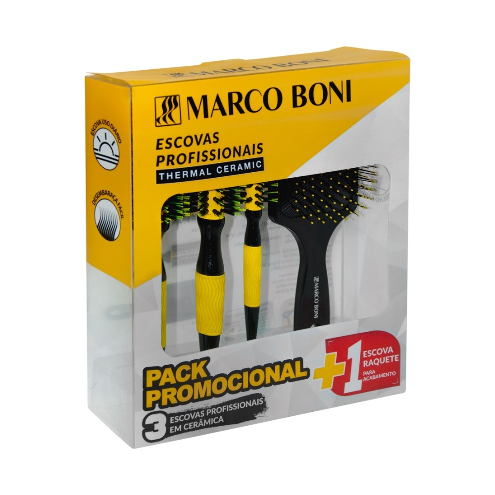 KIT PROFISSIONAL 3 ESCOVAS CERAMICA P/M/G RAQUETE MARCOBONI
