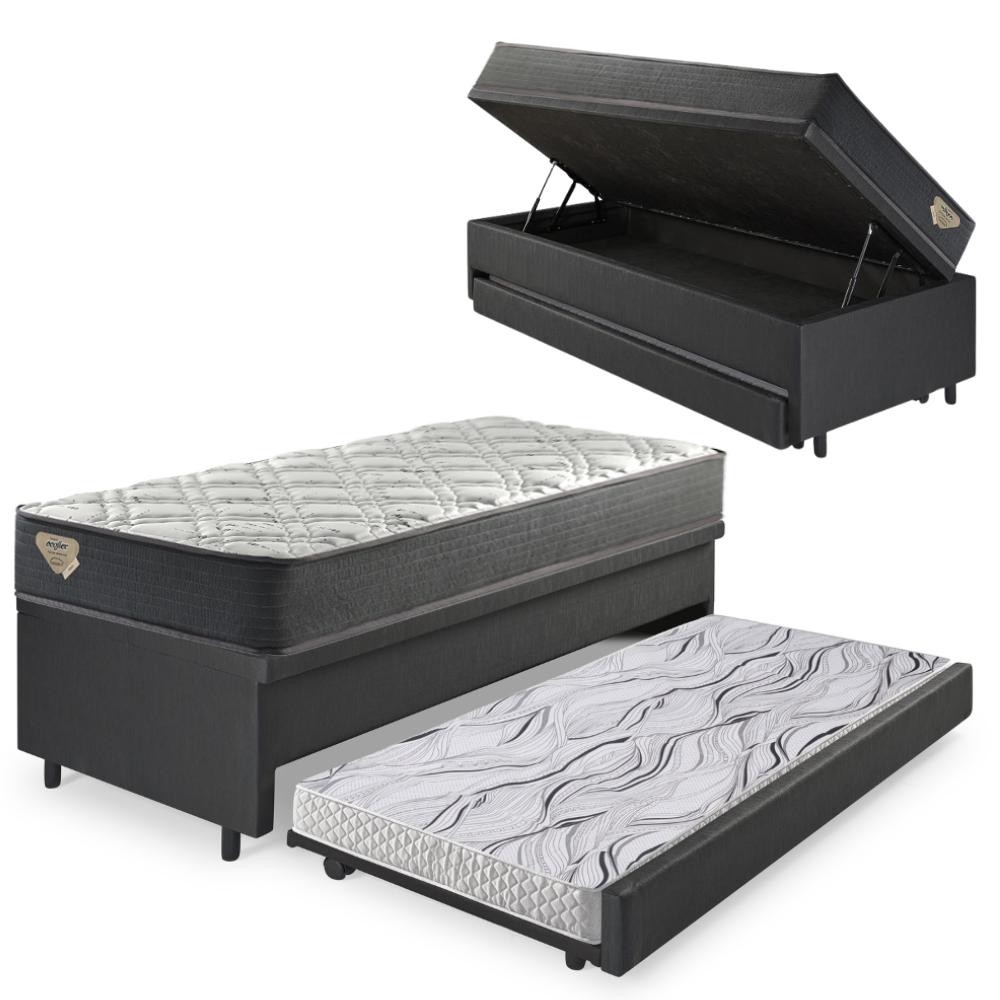 Bicama Box Baú Solteiro Com Colchão Adapto Molas Ensacadas Ecoflex Courino Linho Preto 88x188
