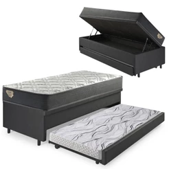 Bicama Box Baú Solteiro Com Colchão Adapto Molas Ensacadas Ecoflex Courino Linho Preto 88x188
