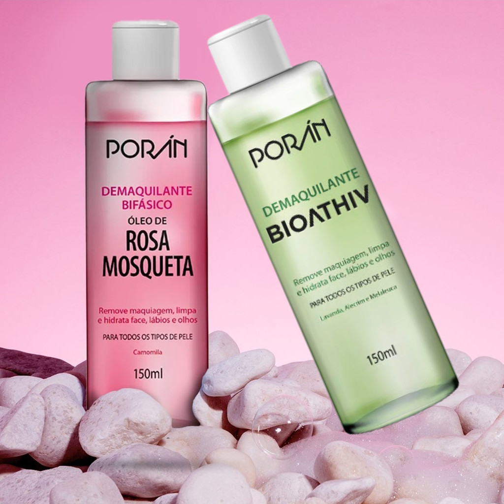 Demaquilante Bifasico Rosa Mosqueta e Bioathiv Removedor de Maquiagem Poran 150 ML
