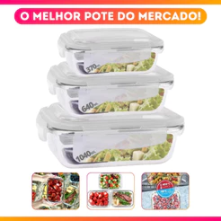 Kit Conjunto de 3 Potes de Vidro Hermético Tamanhos Diferentes 370 ML / 640 ML / 1040 ML c/ Tampa