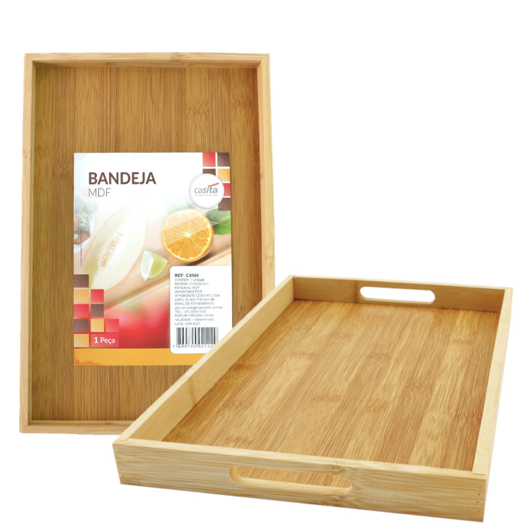 Bandeja Retangular De Bambu Mdf 33x22cm Decoração Casita