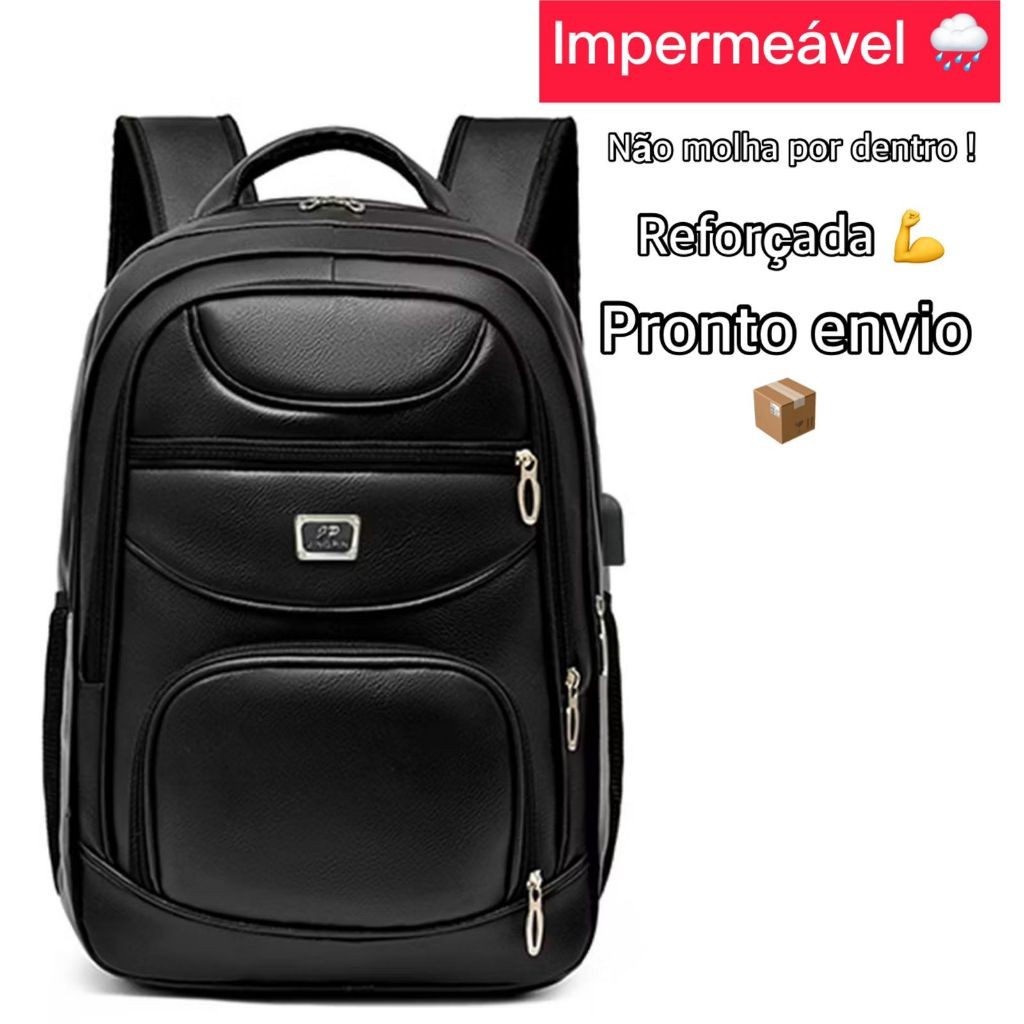 Mochila Couro PU Grande Executiva Para Notebook Trabalho Faculdade Reforçada Cabo Usb Fone
